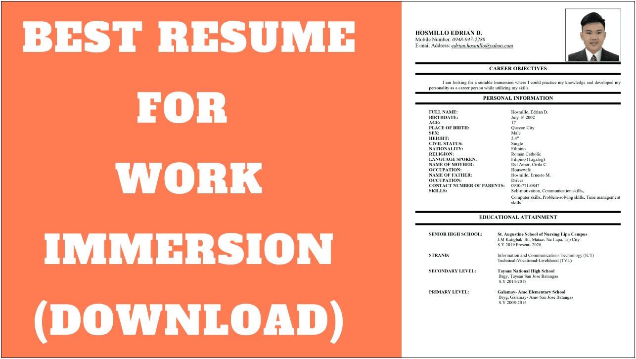 Example Of Resume In Philippines Work Immersion