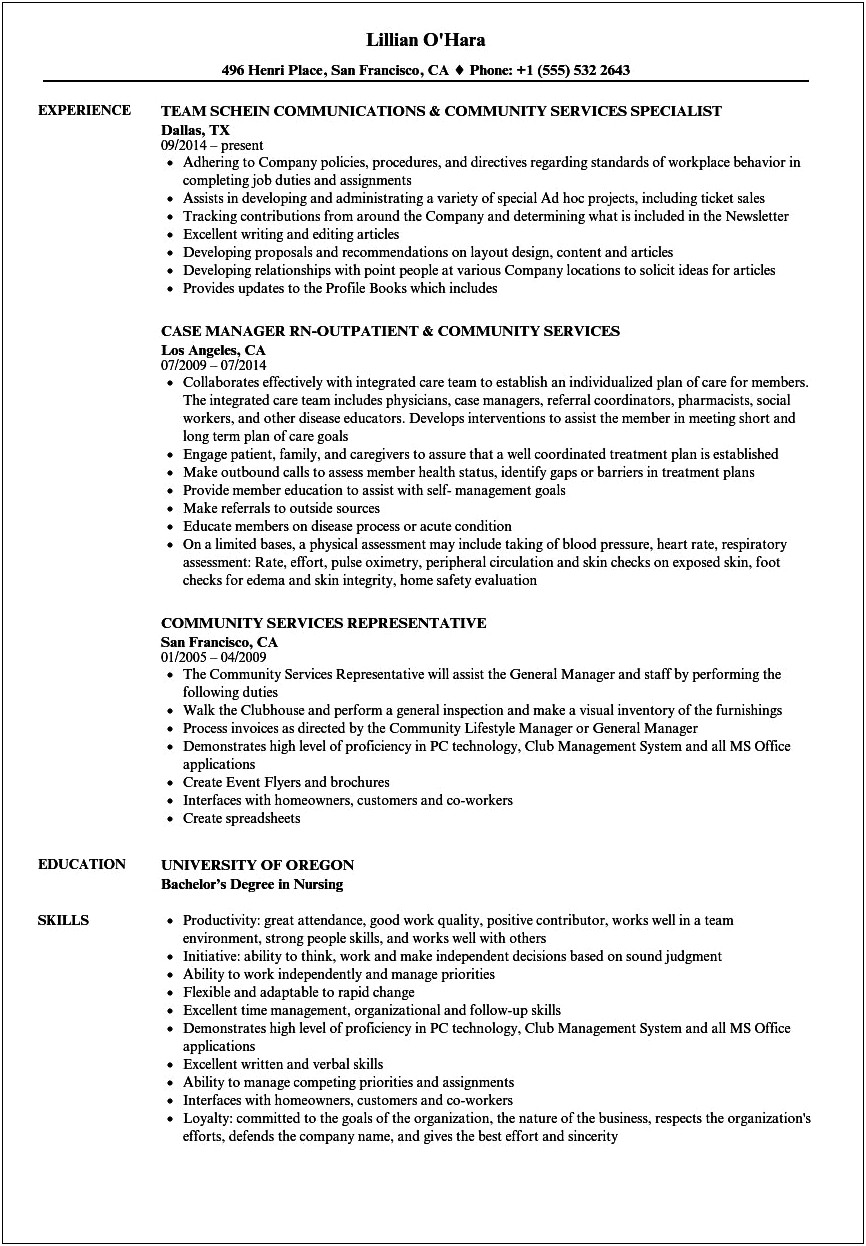 Example Of Resume In Service Sector