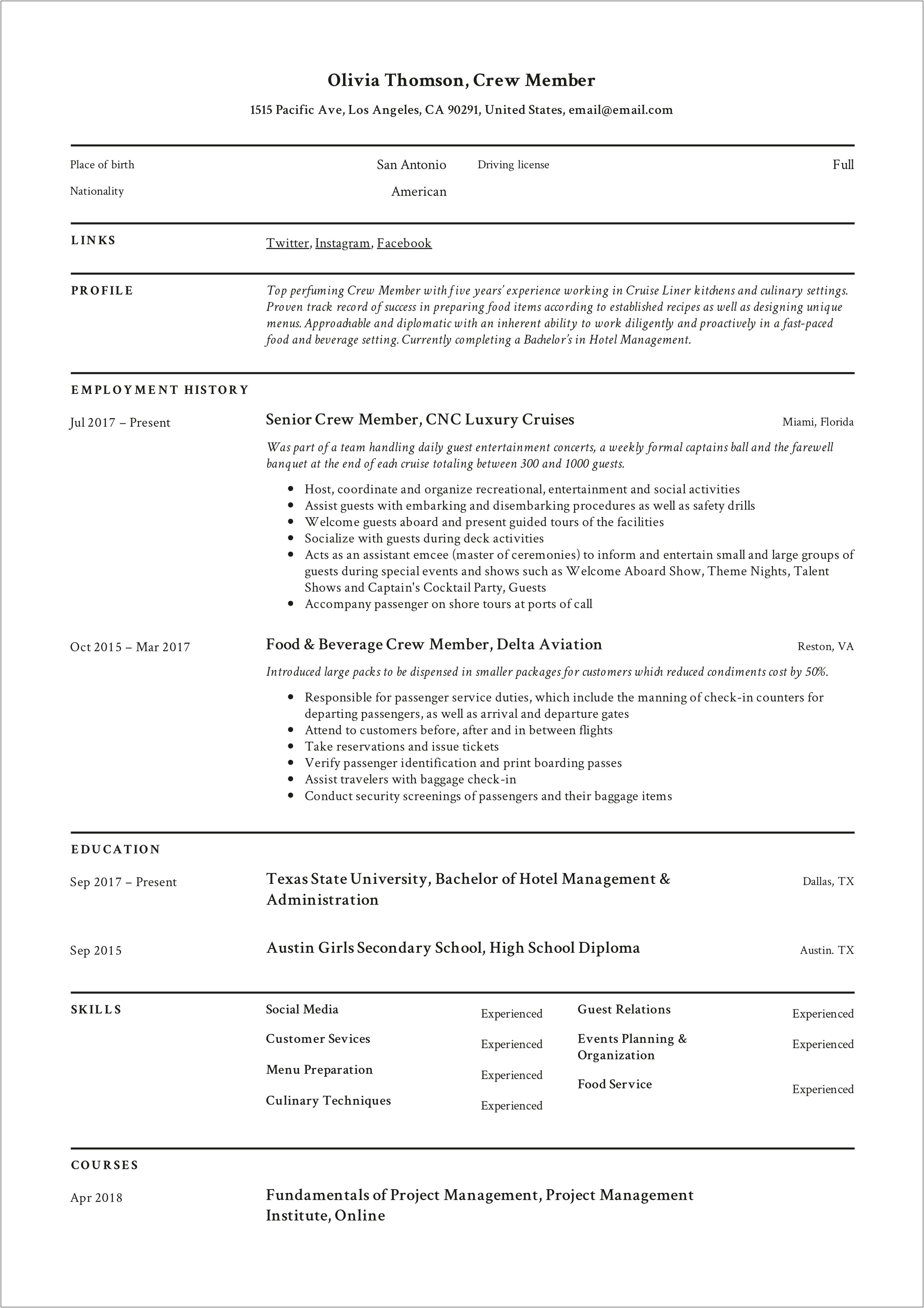 Example Of Resume Objective For Service Crew