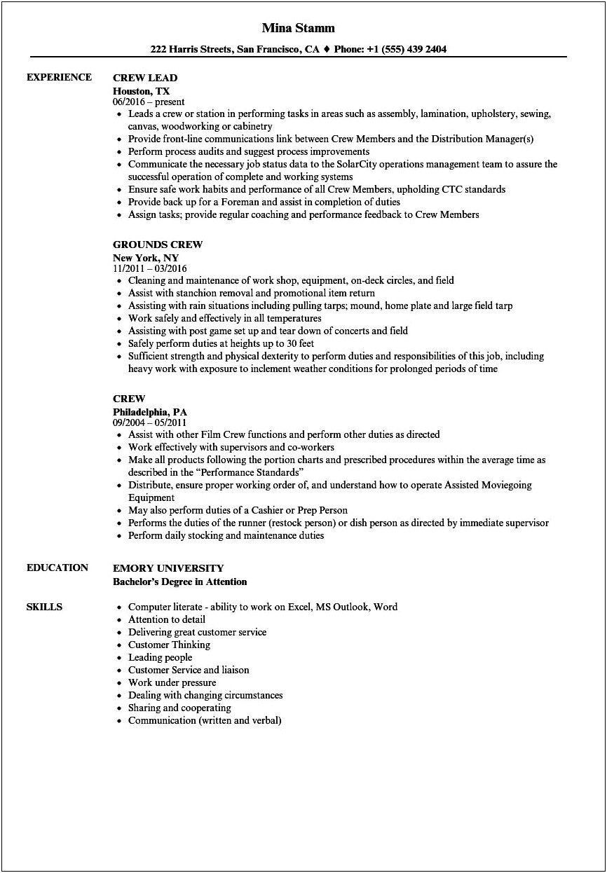 Example Of Resume Skills For Service Crew