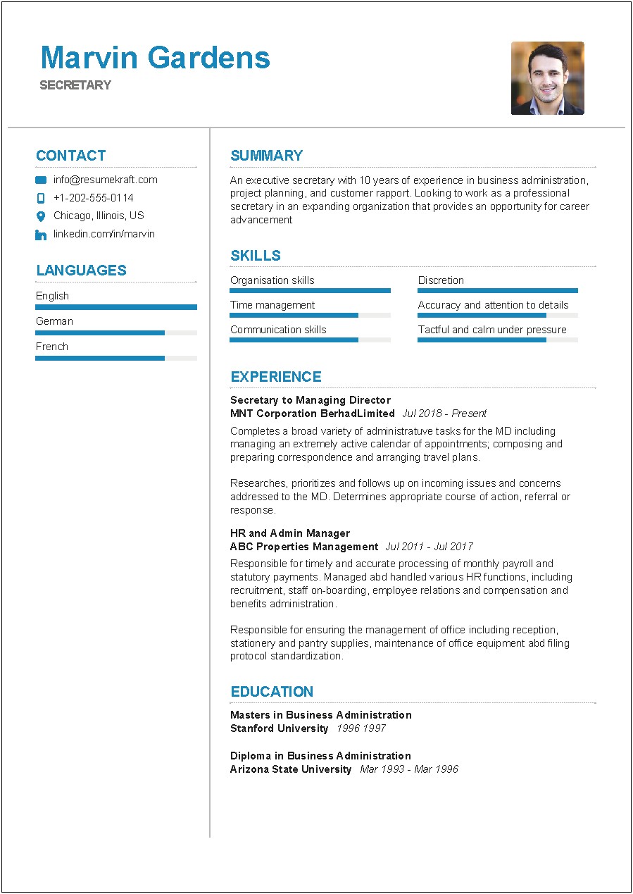 Example Of Resume Summary Statement For Secretary