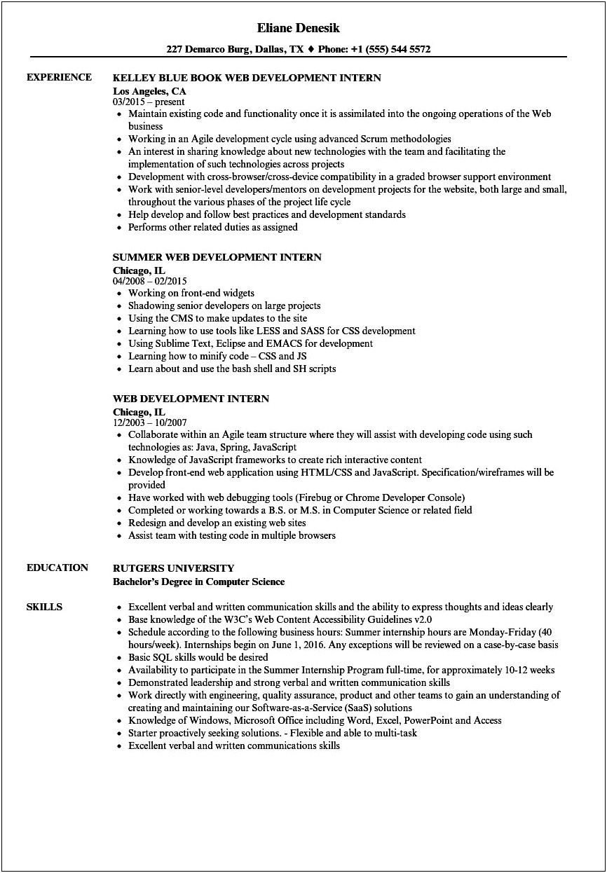 Example Of Resume Uses To Get Internship