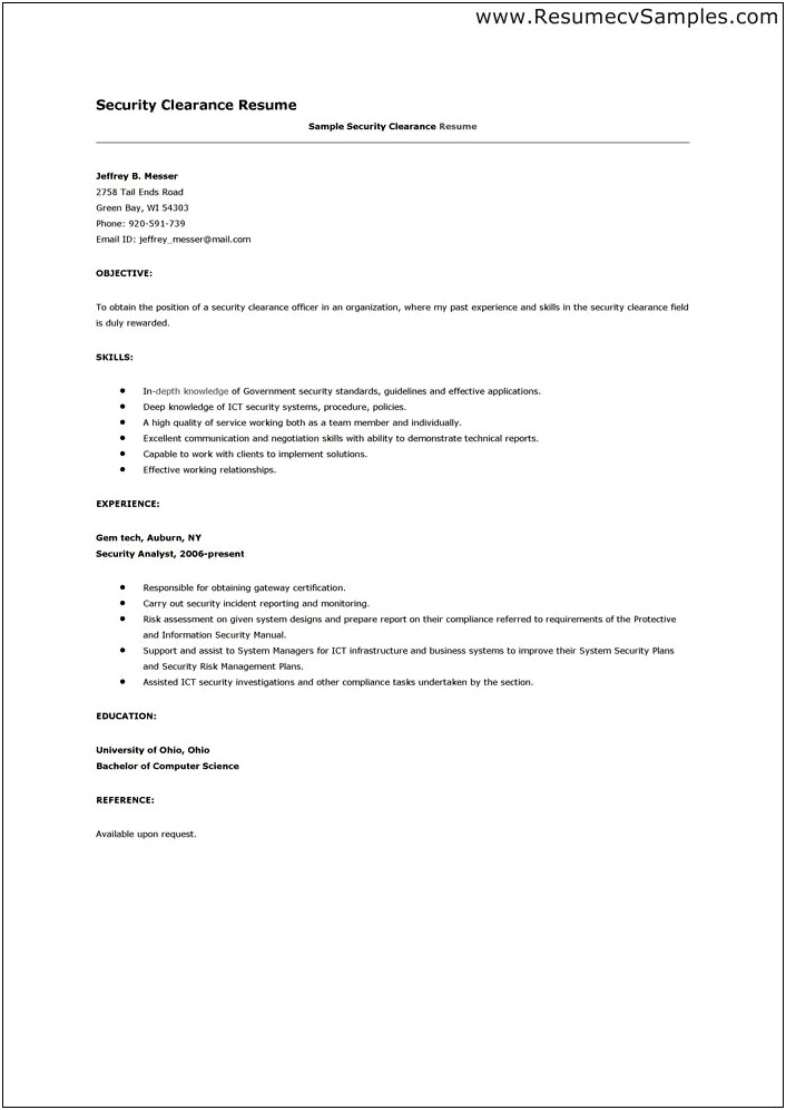 Example Of Resume With Security Clearance