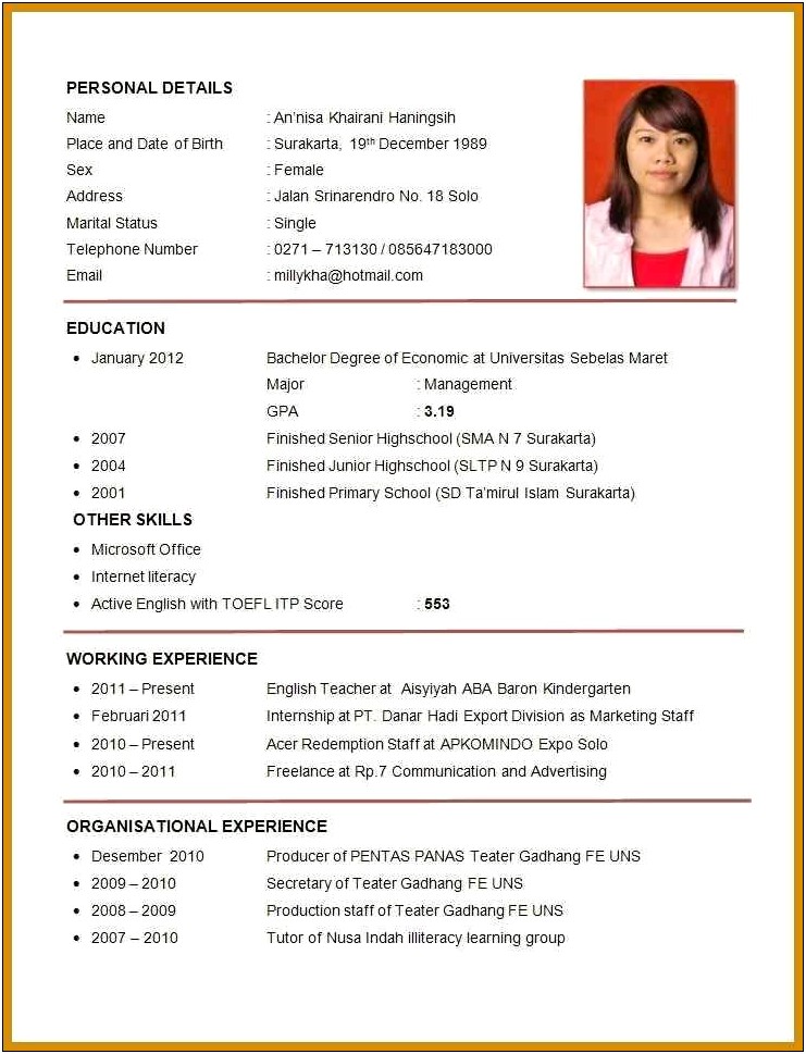 Example Of Simple Resume For Job Application