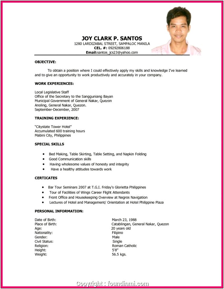 Example Of Simple Resume For Ojt