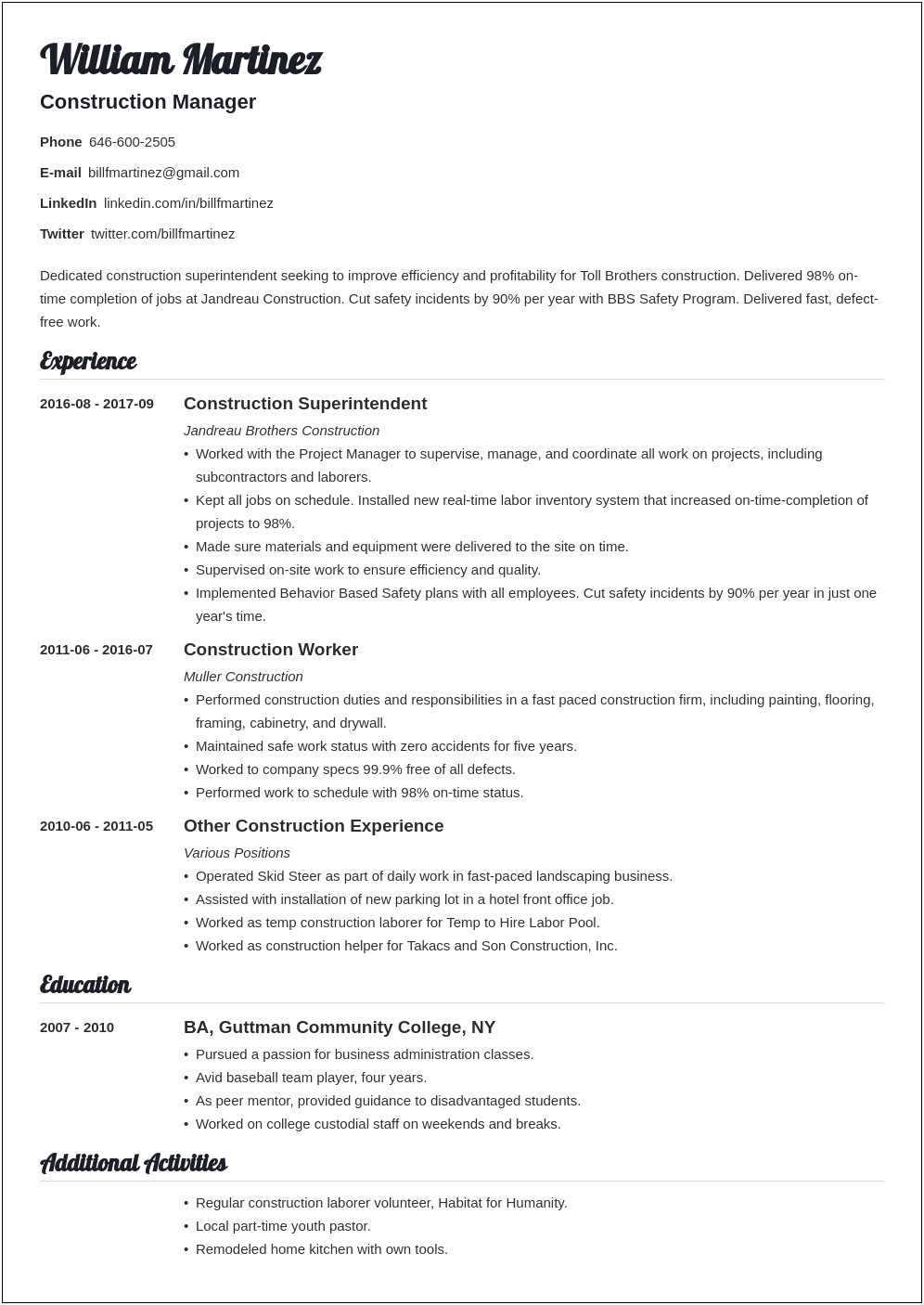 Example Of Summary For Resume About Construction