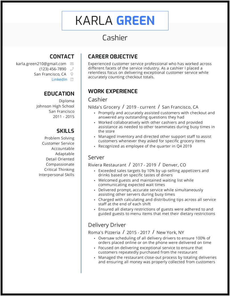 Example Of Summary For Resume Cashier