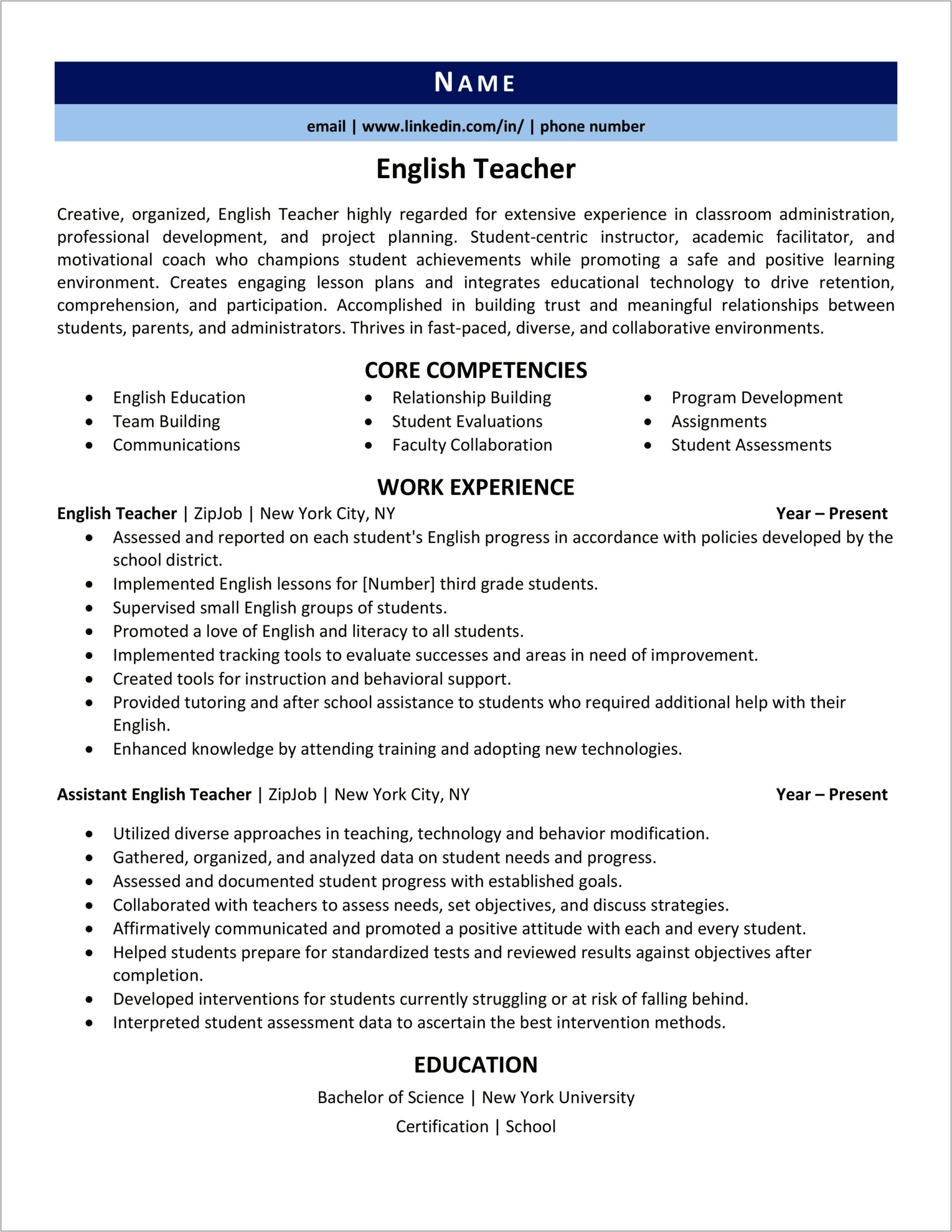 Example Of Teacher Assistant Recc Resume