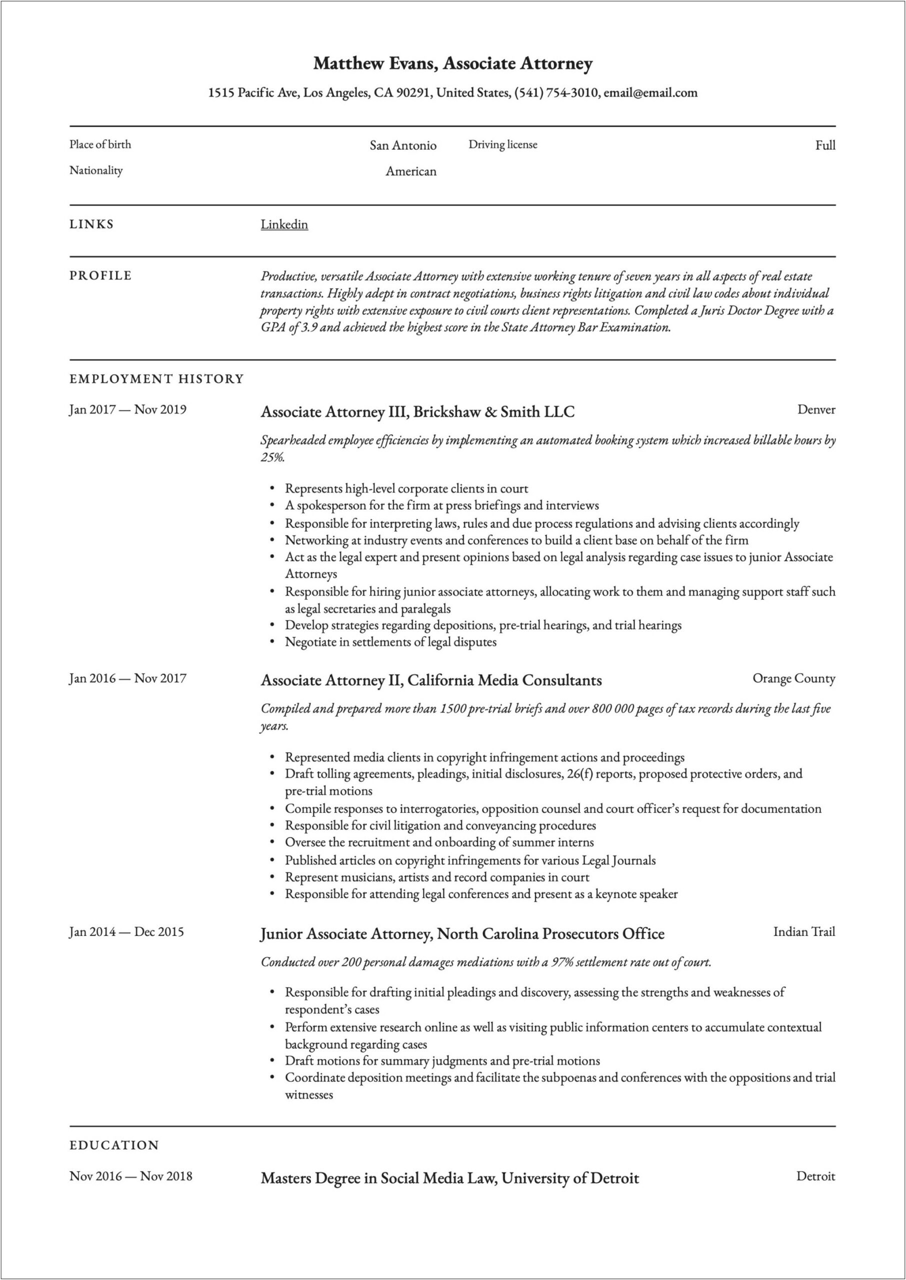 Example Resume Attorney Medical Malpractice Defense