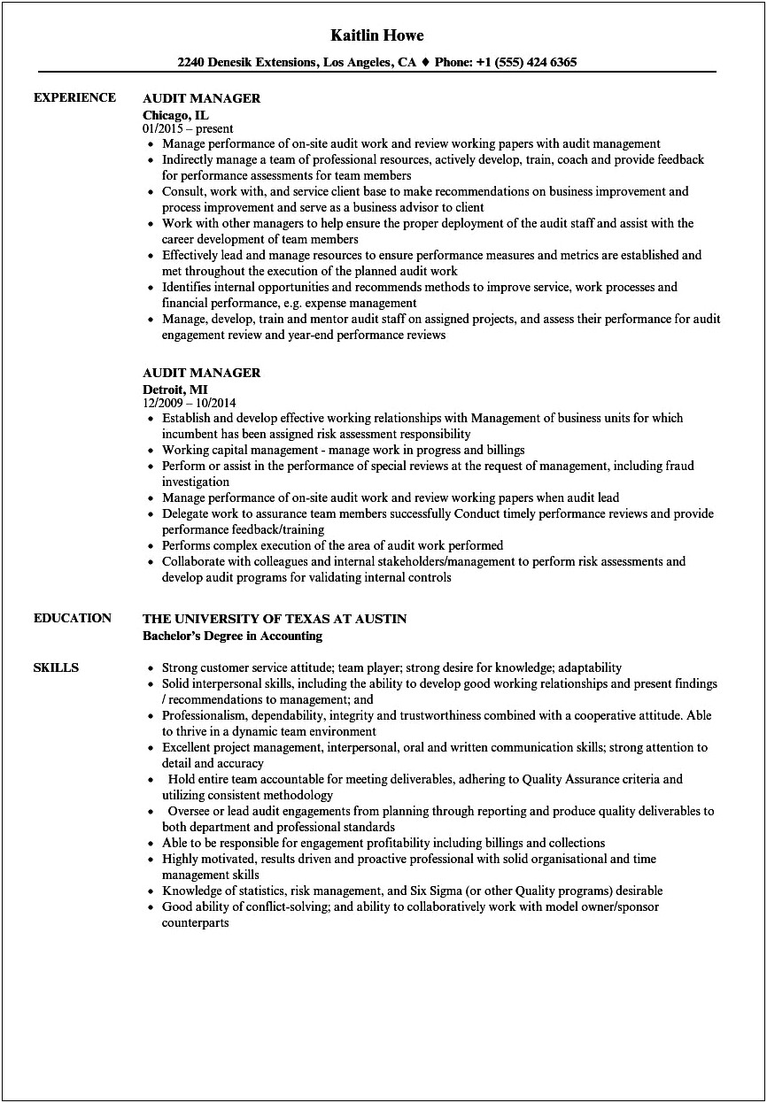 Example Resume Big 4 Audit Manager