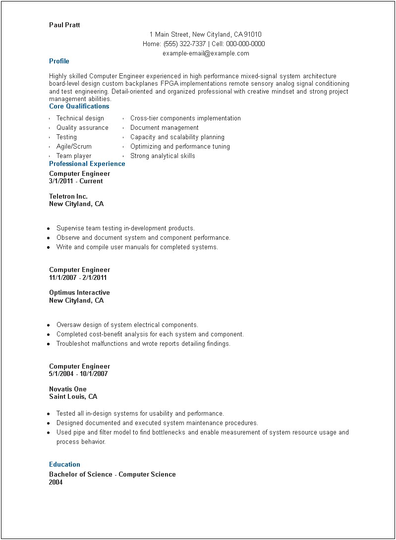 Example Resume Filled Out Computer Engineer