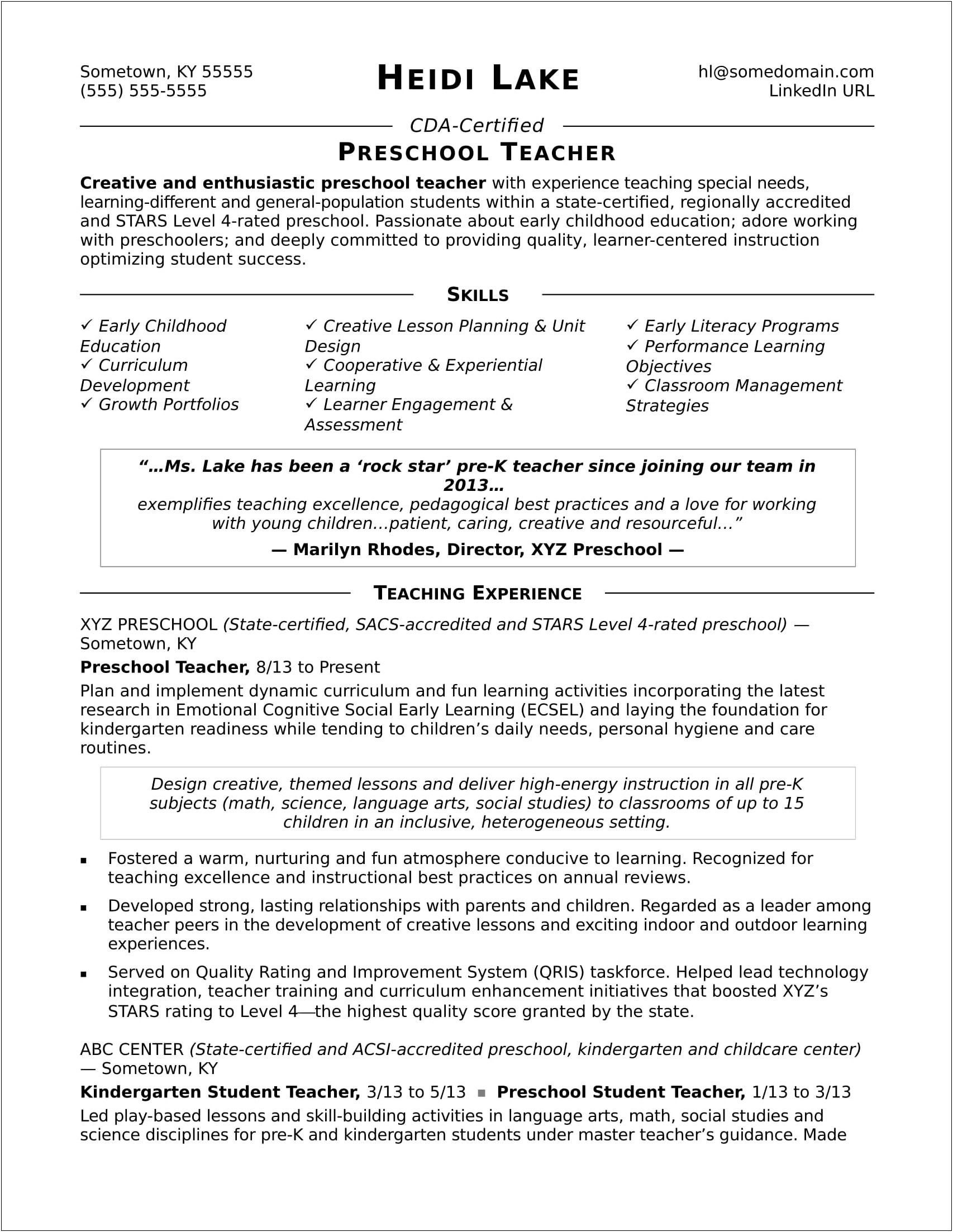 Example Resume For Day Care Teacher