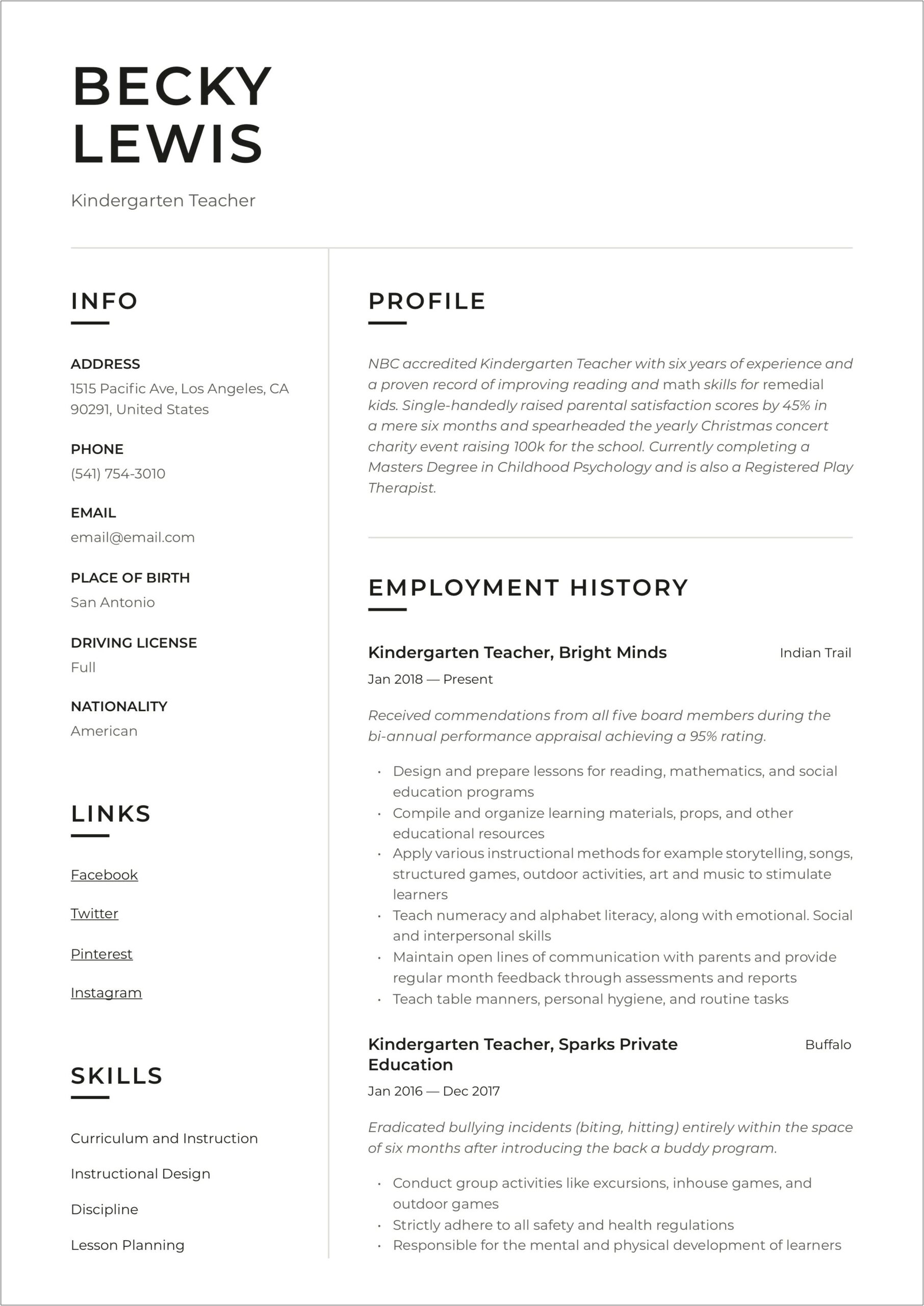 Example Resume For First Time Teacher