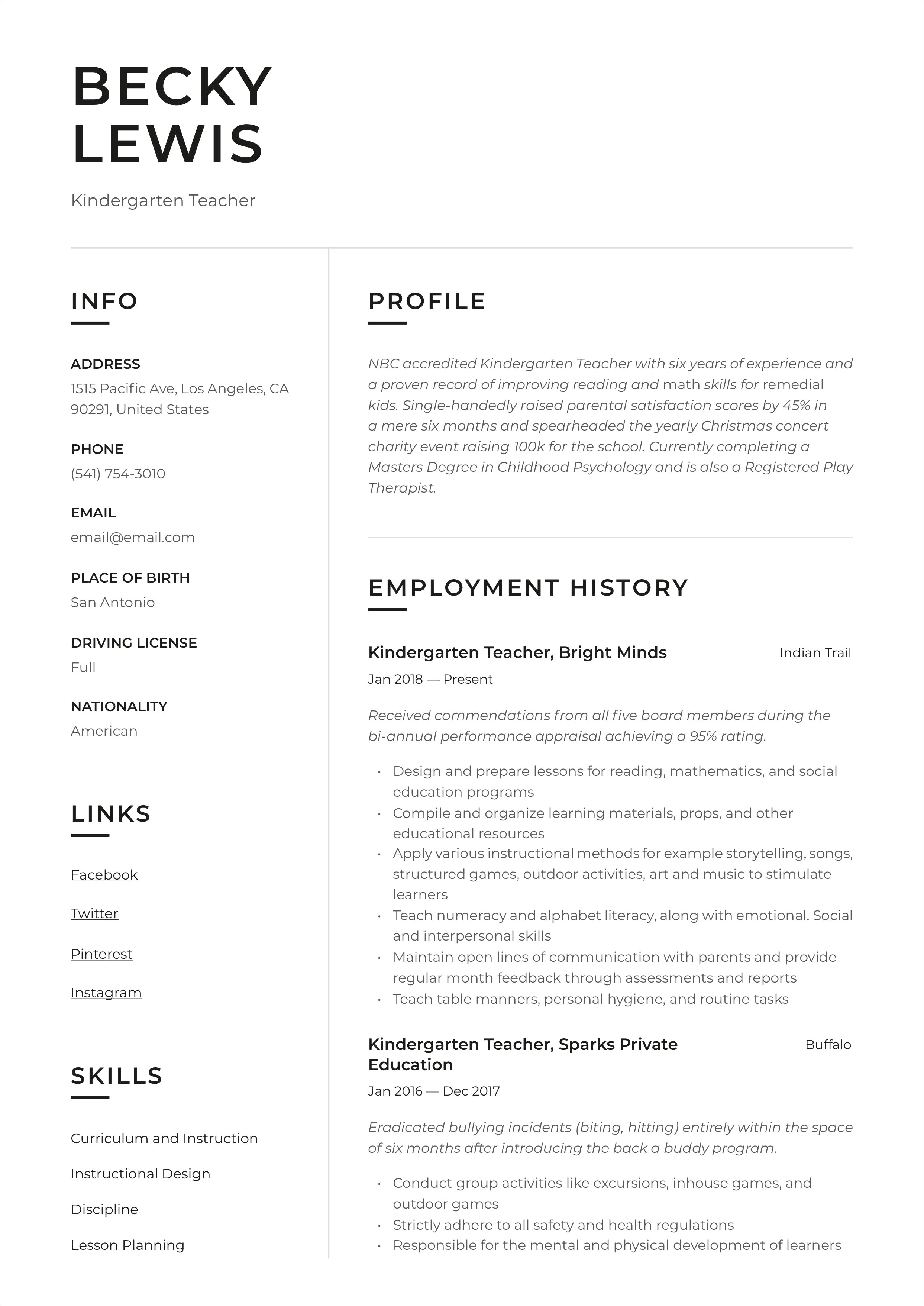 Example Resume For First Time Teacher