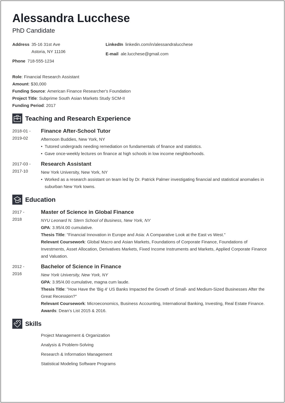 Example Resume For Grad School Applicant