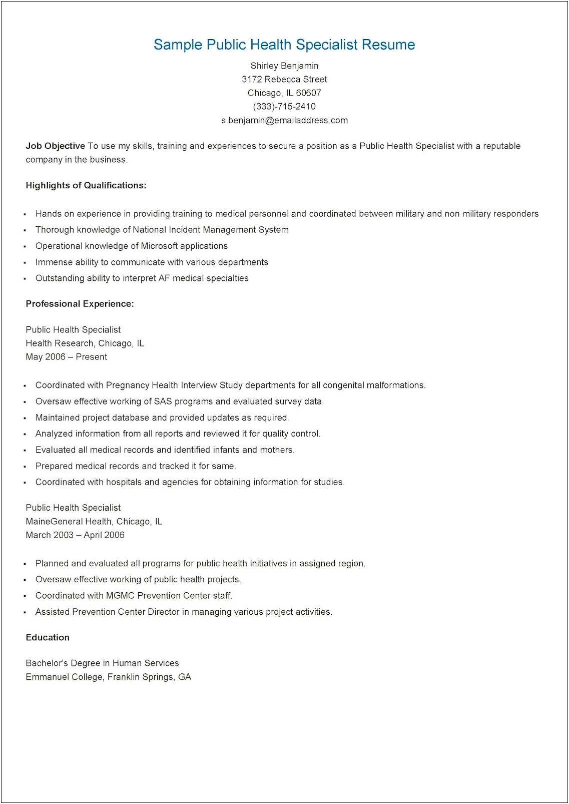 Example Resume For Health Information Specialist