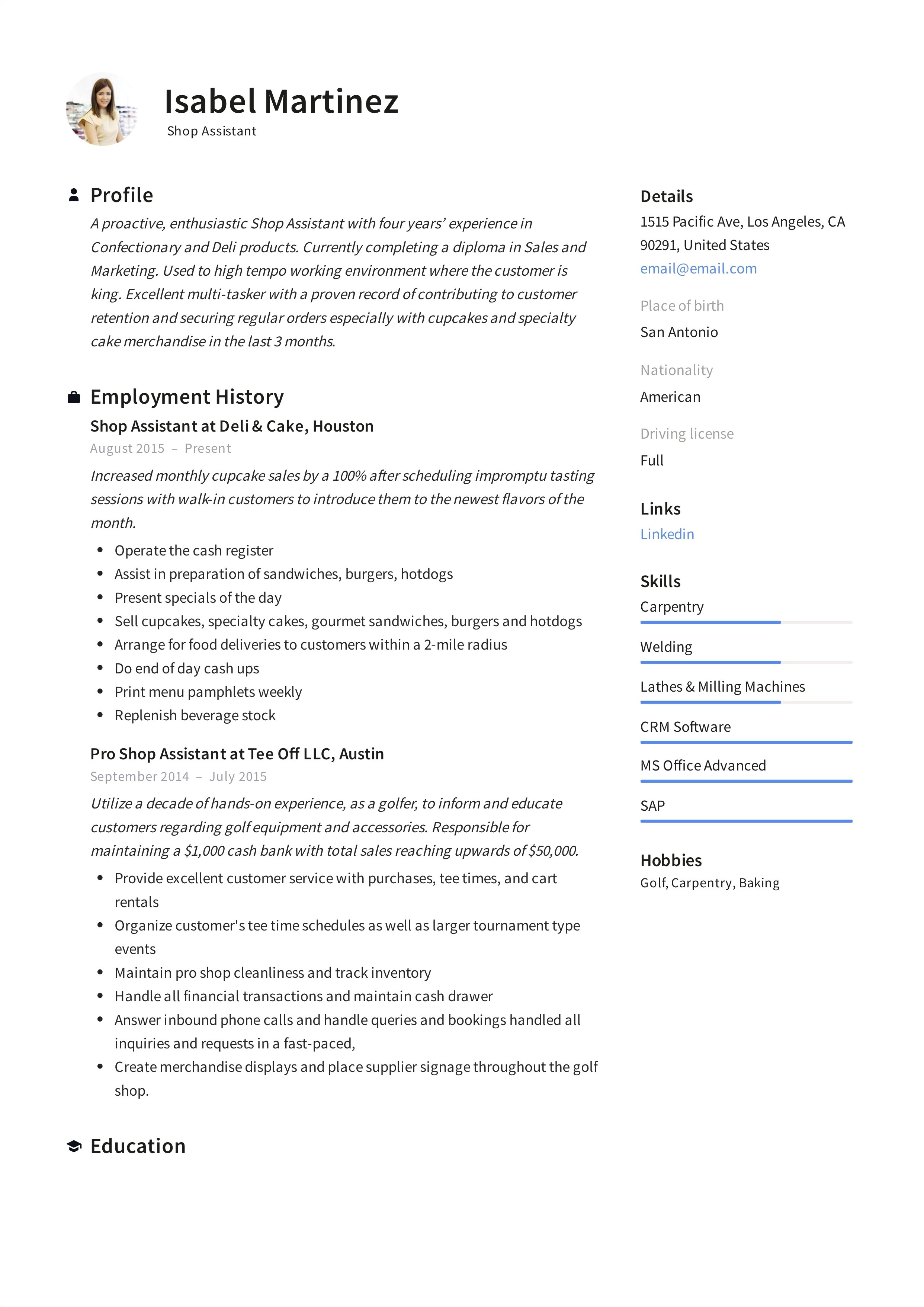 Example Resume For Lumber Department Associate