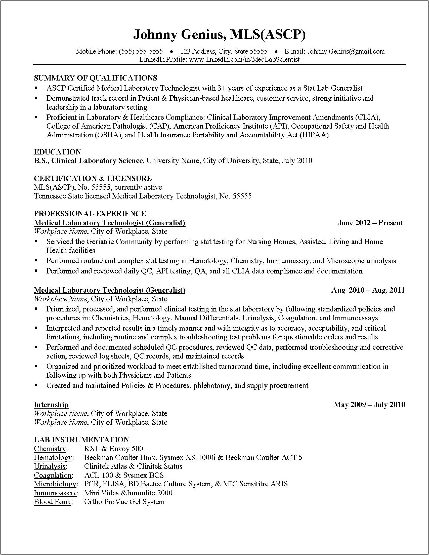 Example Resume For New Medical Lab Technician