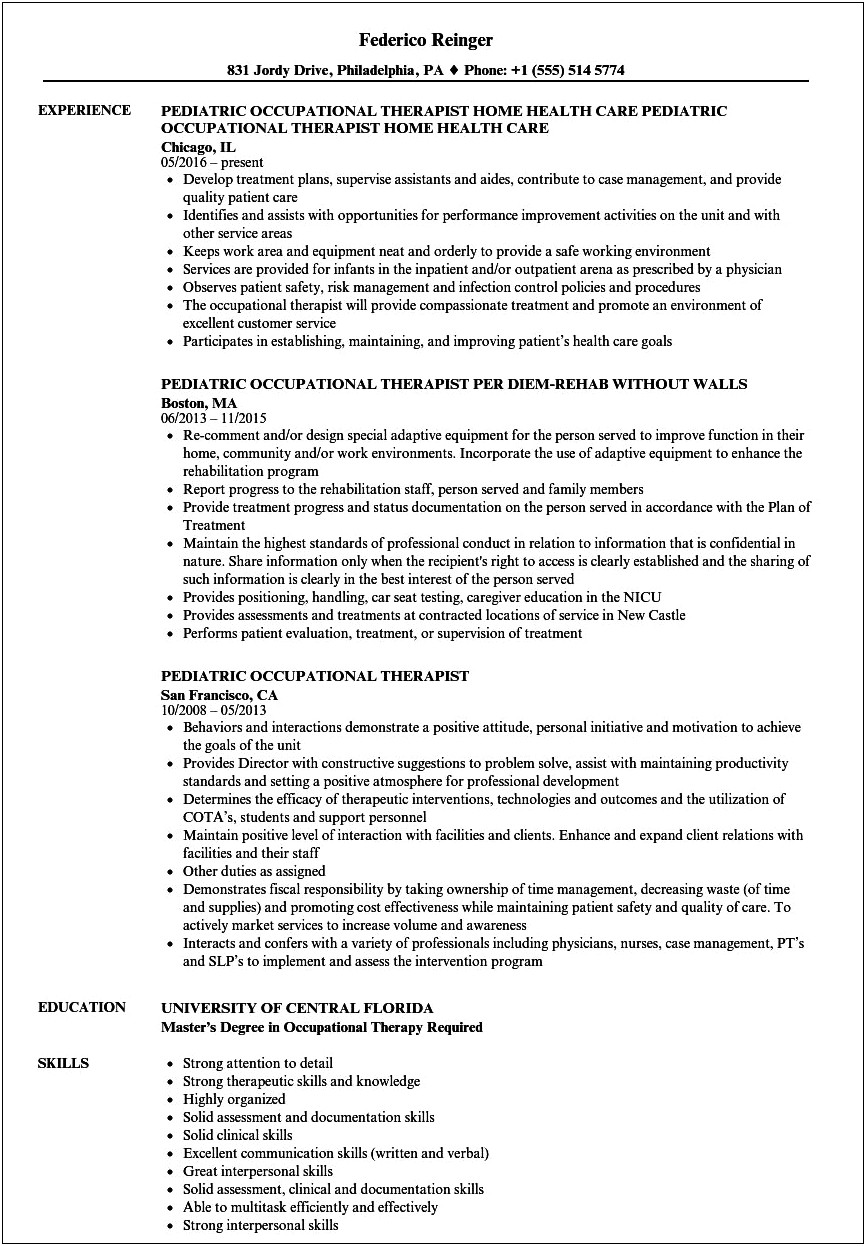 Example Resume For Occupational Therapy Assistant