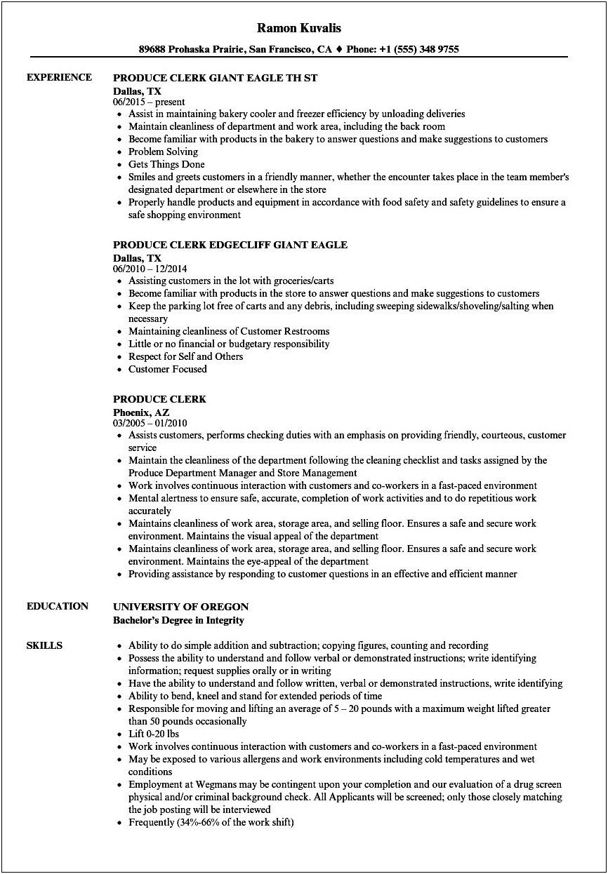 Example Resume For Part Time Grocery Clerk