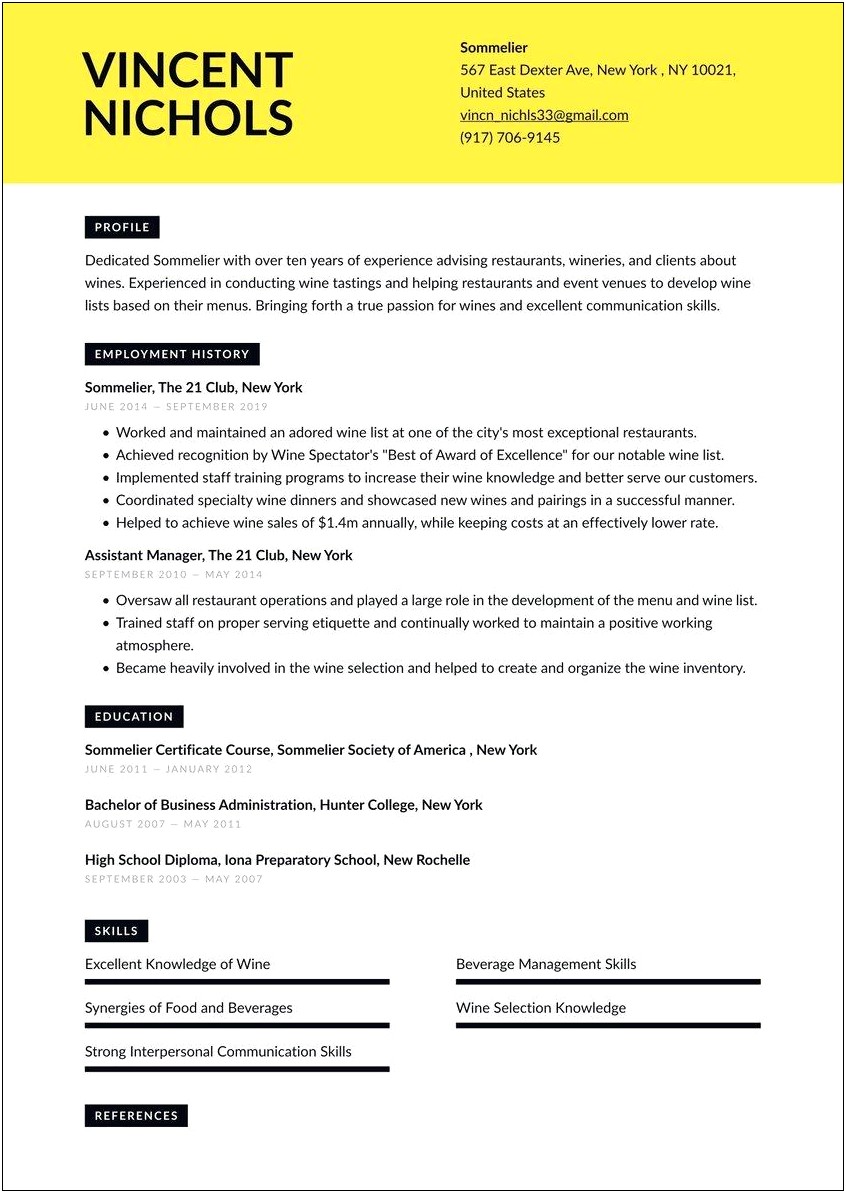 Example Resume For Winery Entry Kevel