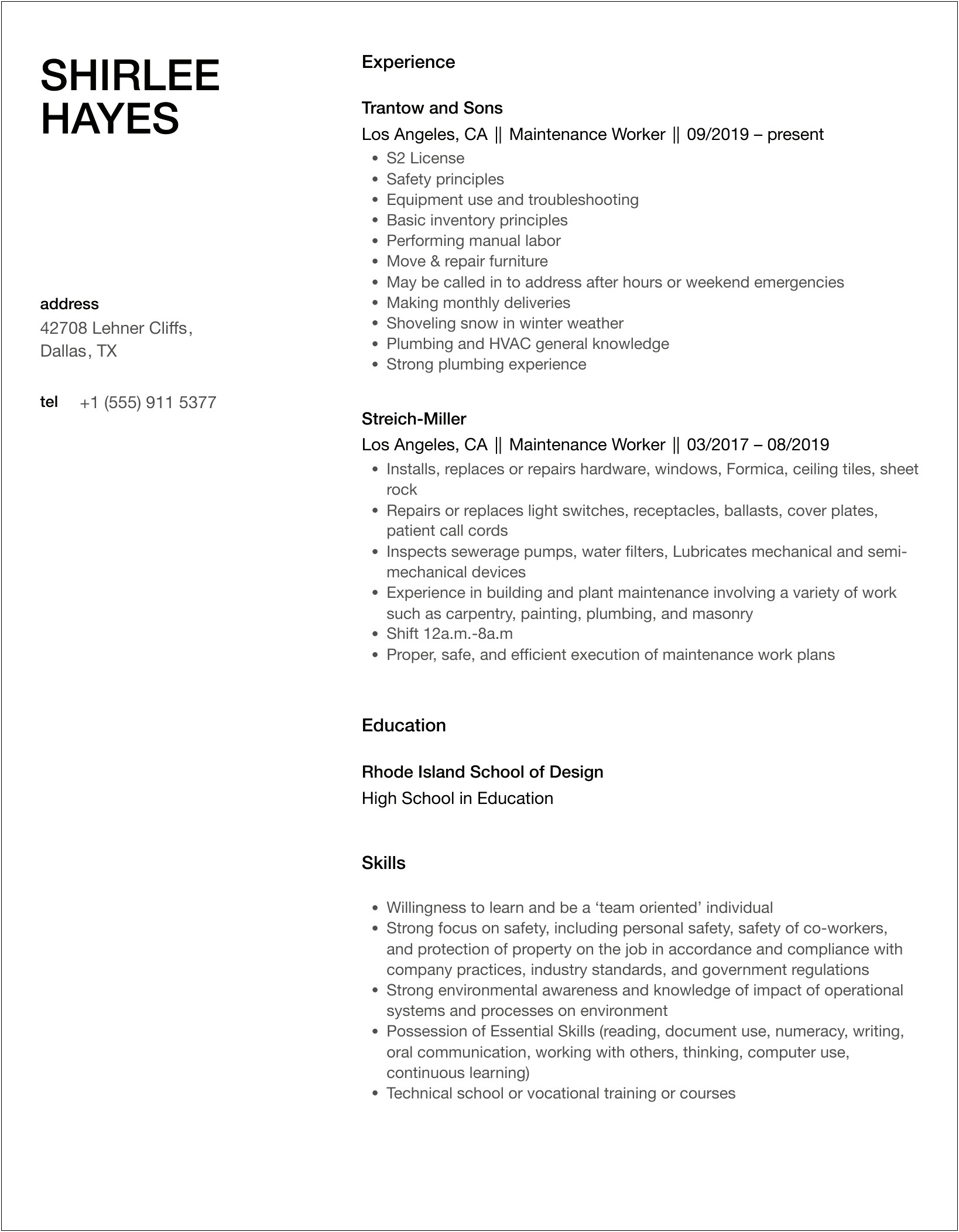 Example Resume Of An Adult Male Maintence Worker