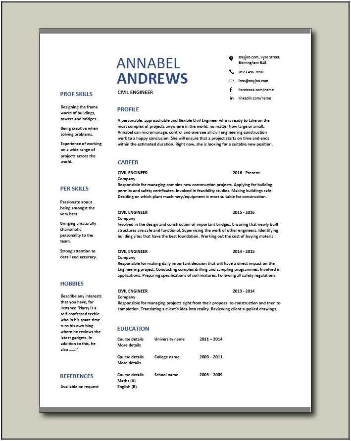 Example Resume Of Civl Cost Estmator