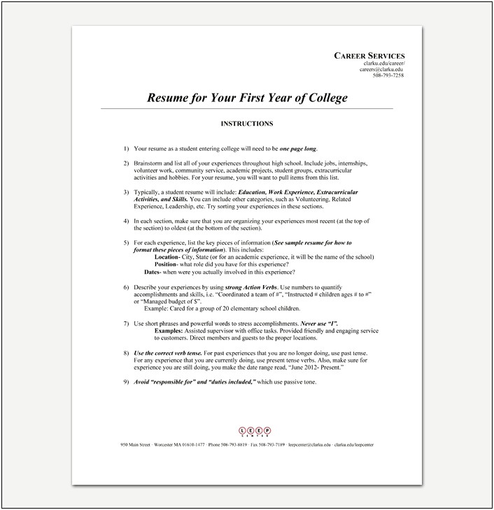 Example Resume Of First Year College Student