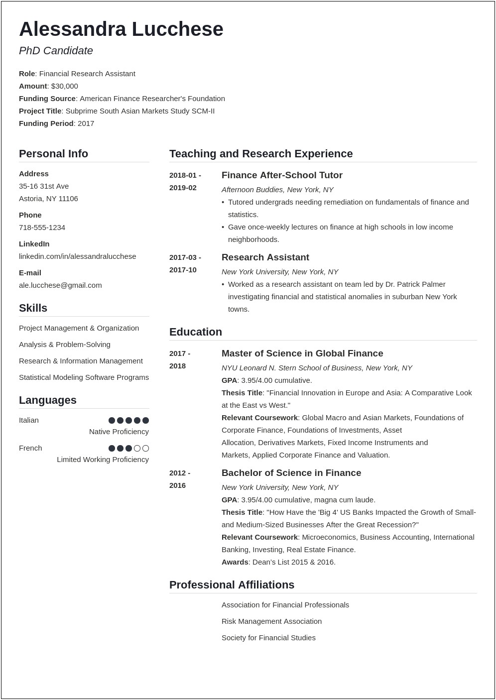 Example Resume To Apply For Graduate School