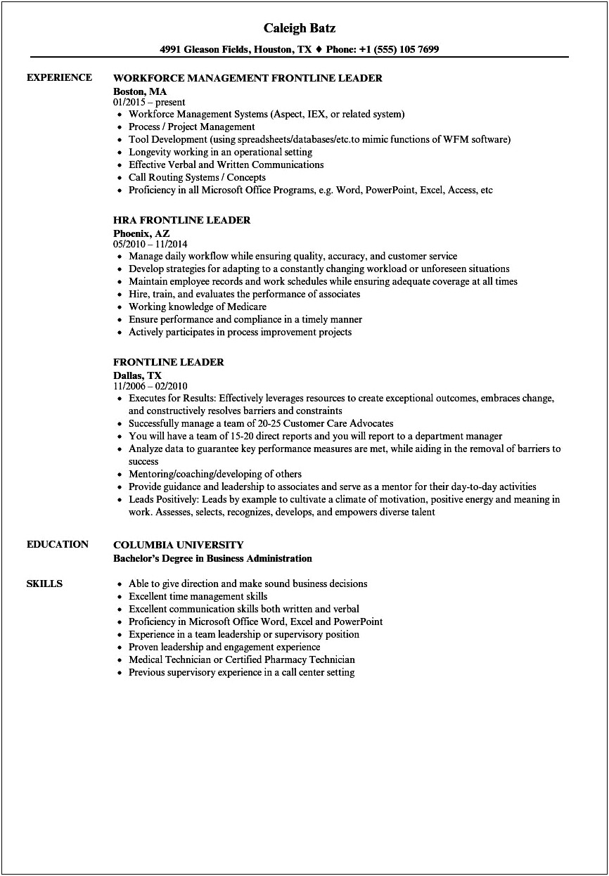 Example Resume Various Progressive Leadership Roles