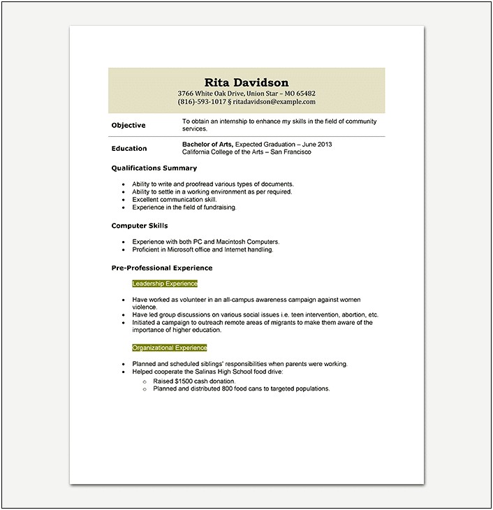 Example Resume While In Collge For Intership