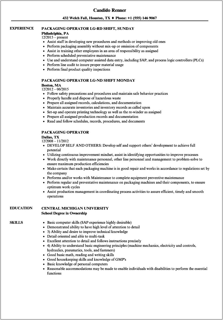 Example Resumes Of Machine Operators From Graham Packaging