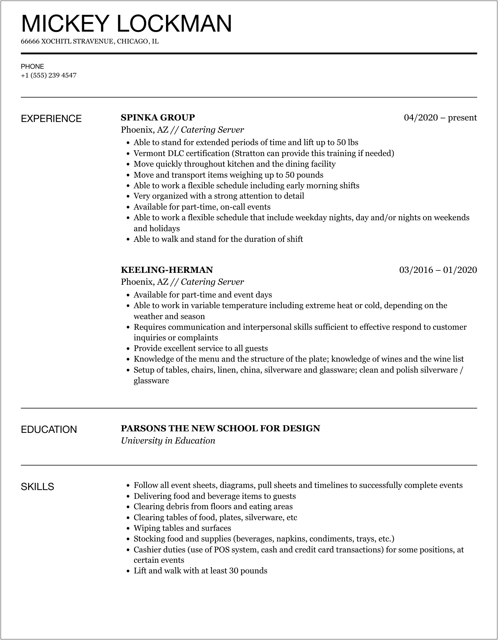 Example Summary For Entry Level Restaurant Resume