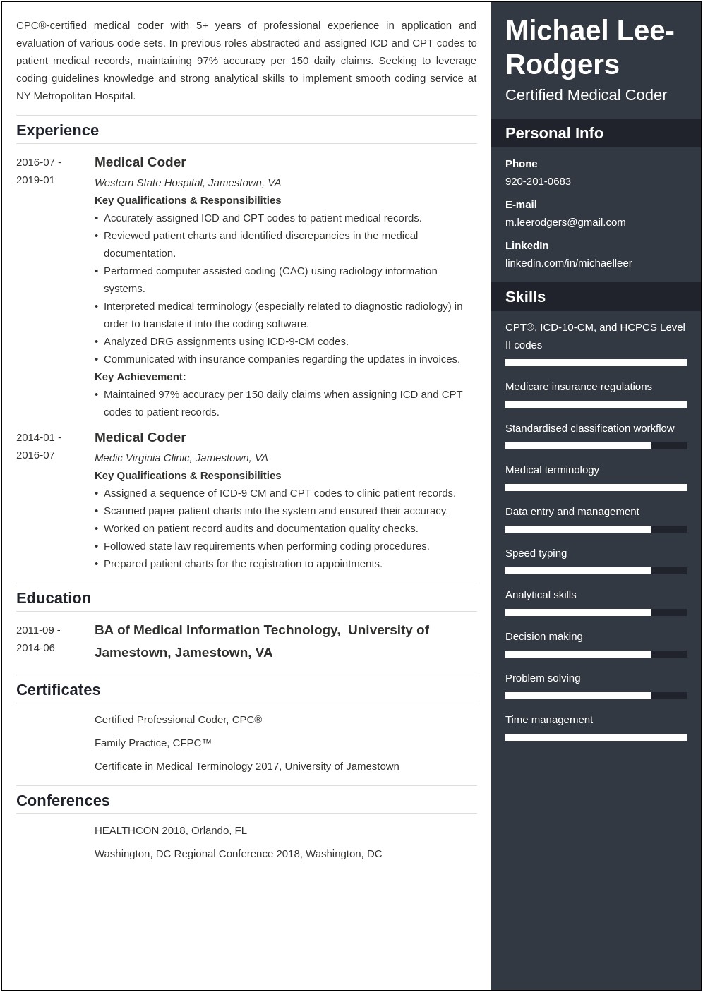 Examples De Resume For Medical Coder