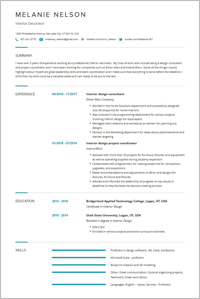 Examples Of 2019 Interior Design Resume