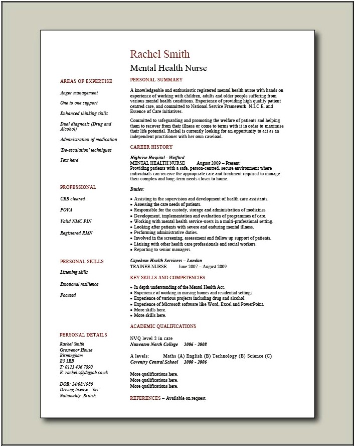 Examples Of A Psych Nurse Resume