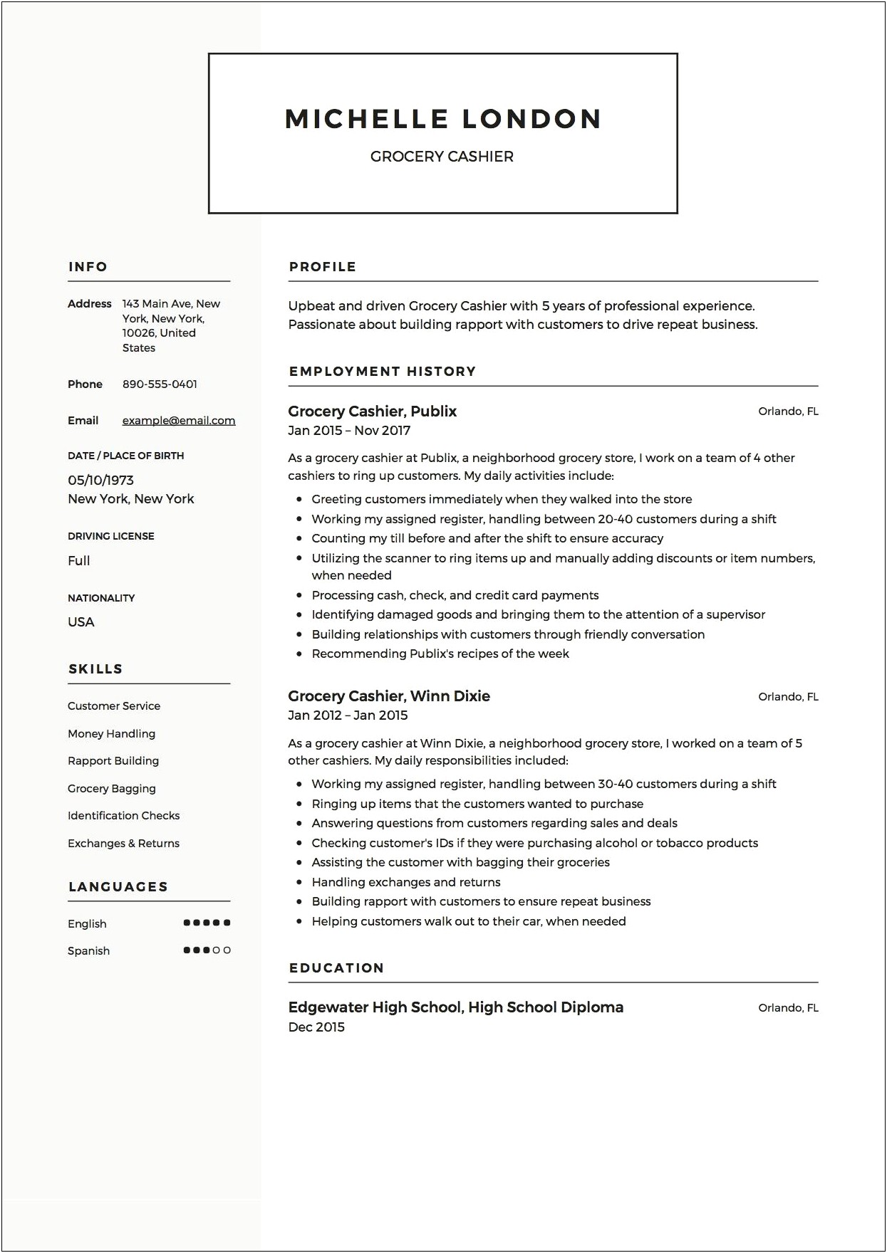 Examples Of A Resume For A Cashier