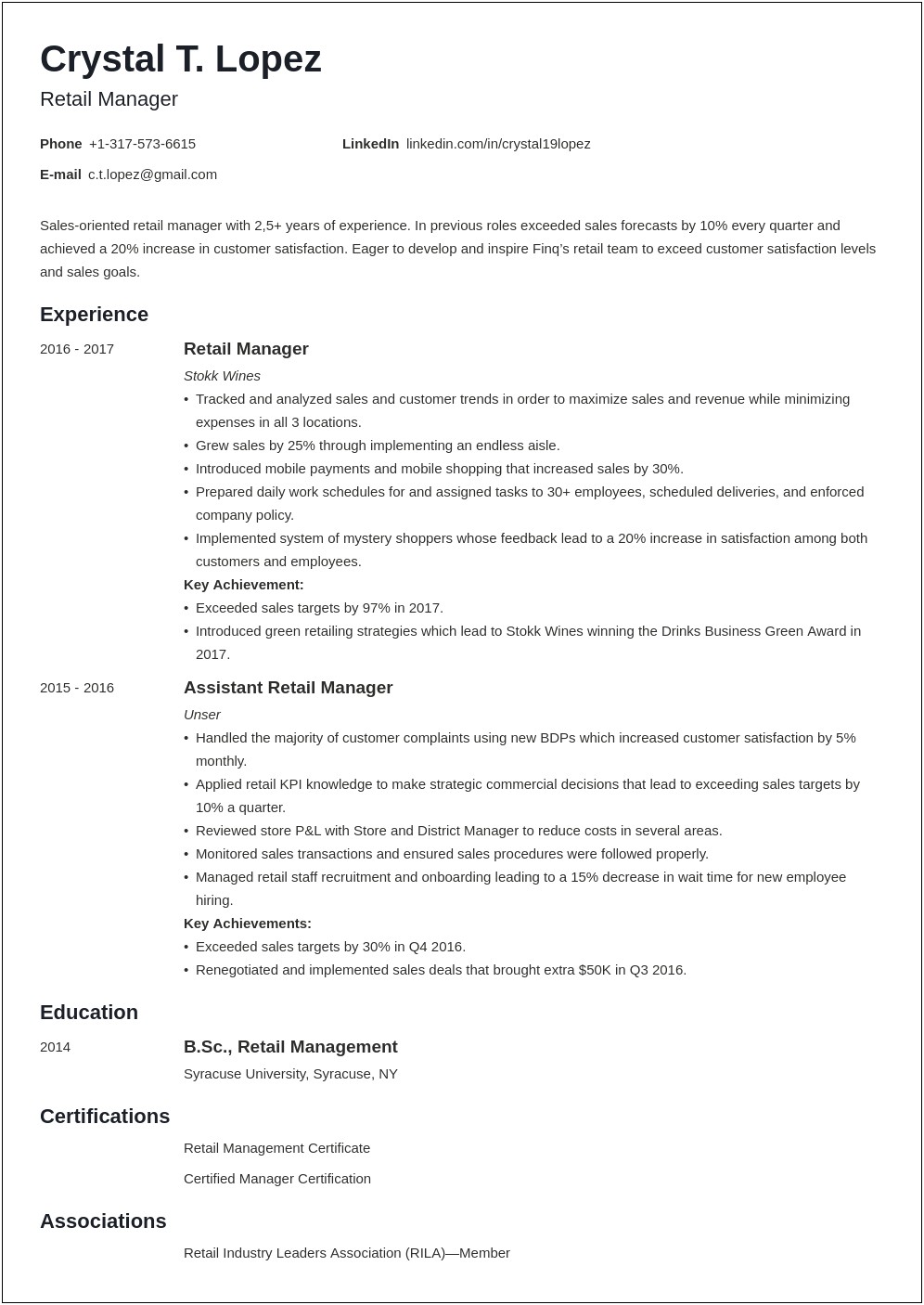 Examples Of A Retail Manager Resume