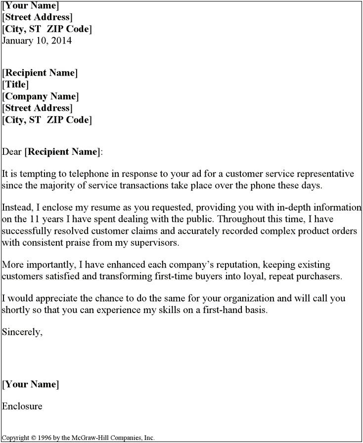 Examples Of Cover Letter For Resume Customer Services