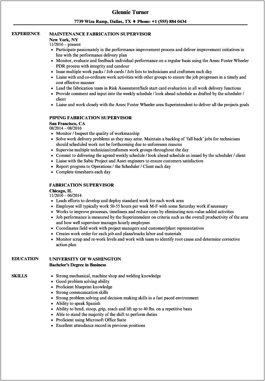 Examples Of Fabrication Shop Employee Resume