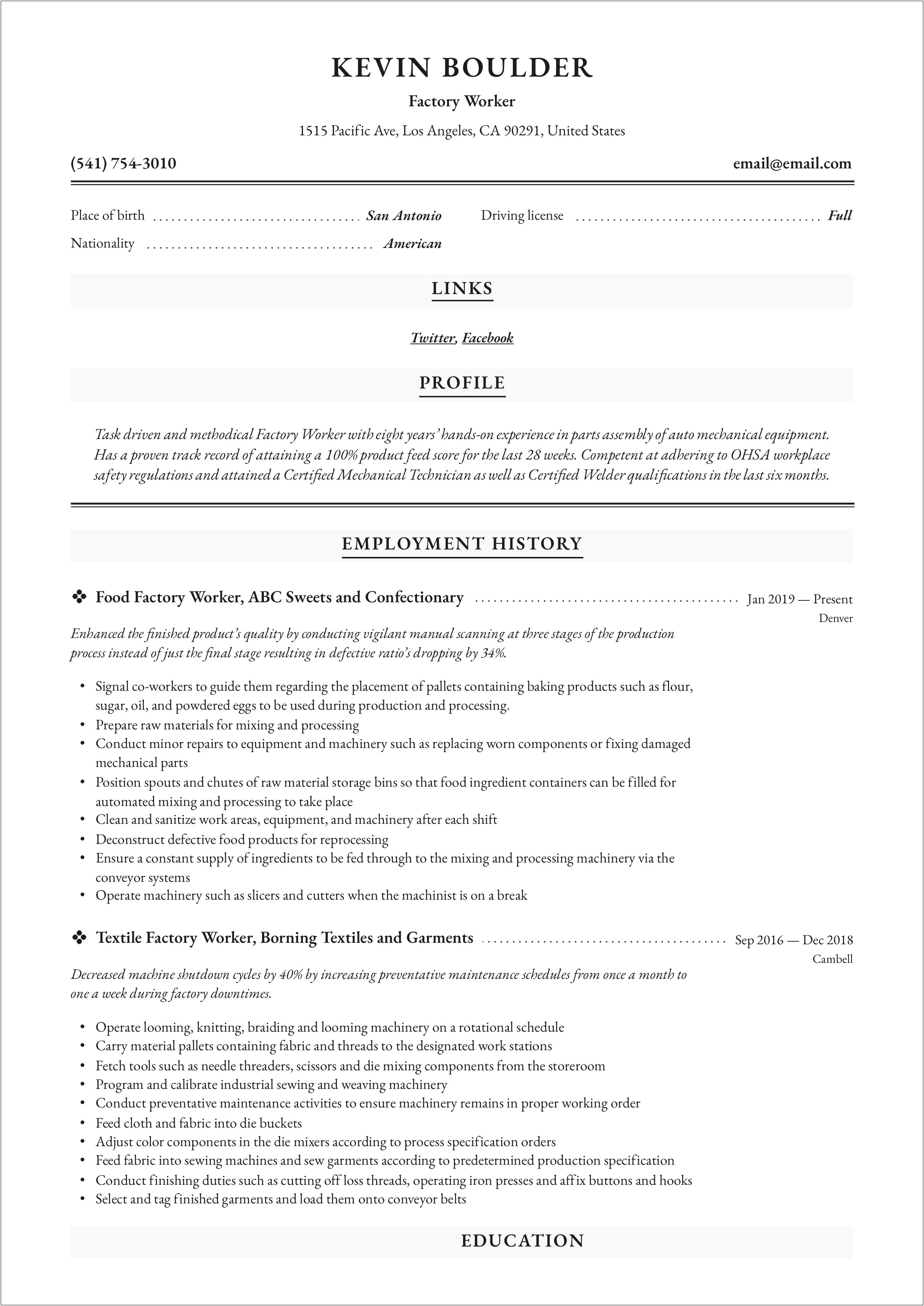 Examples Of Factory Objectives On A Resume