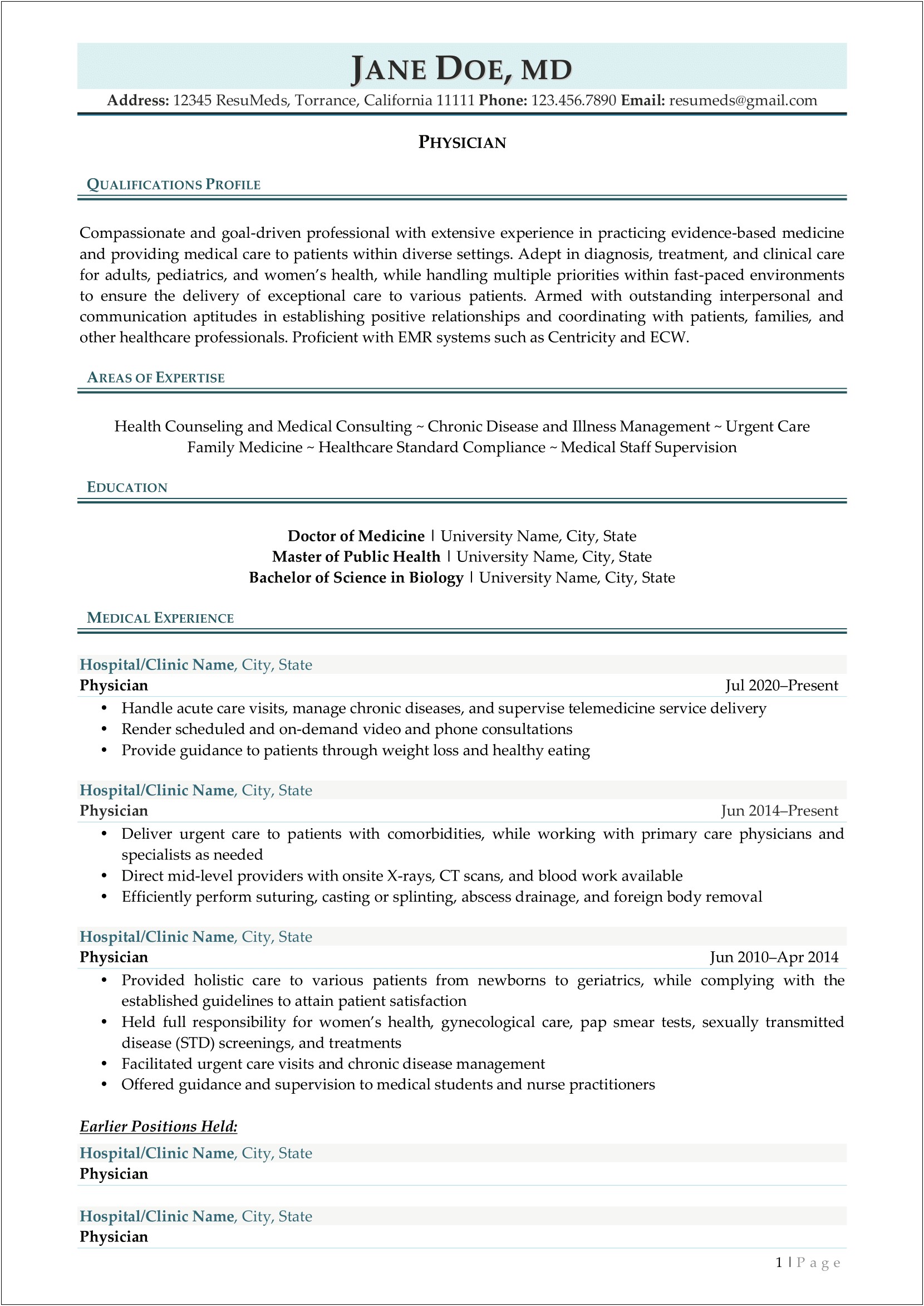 Examples Of Family Practice Physician Resumes