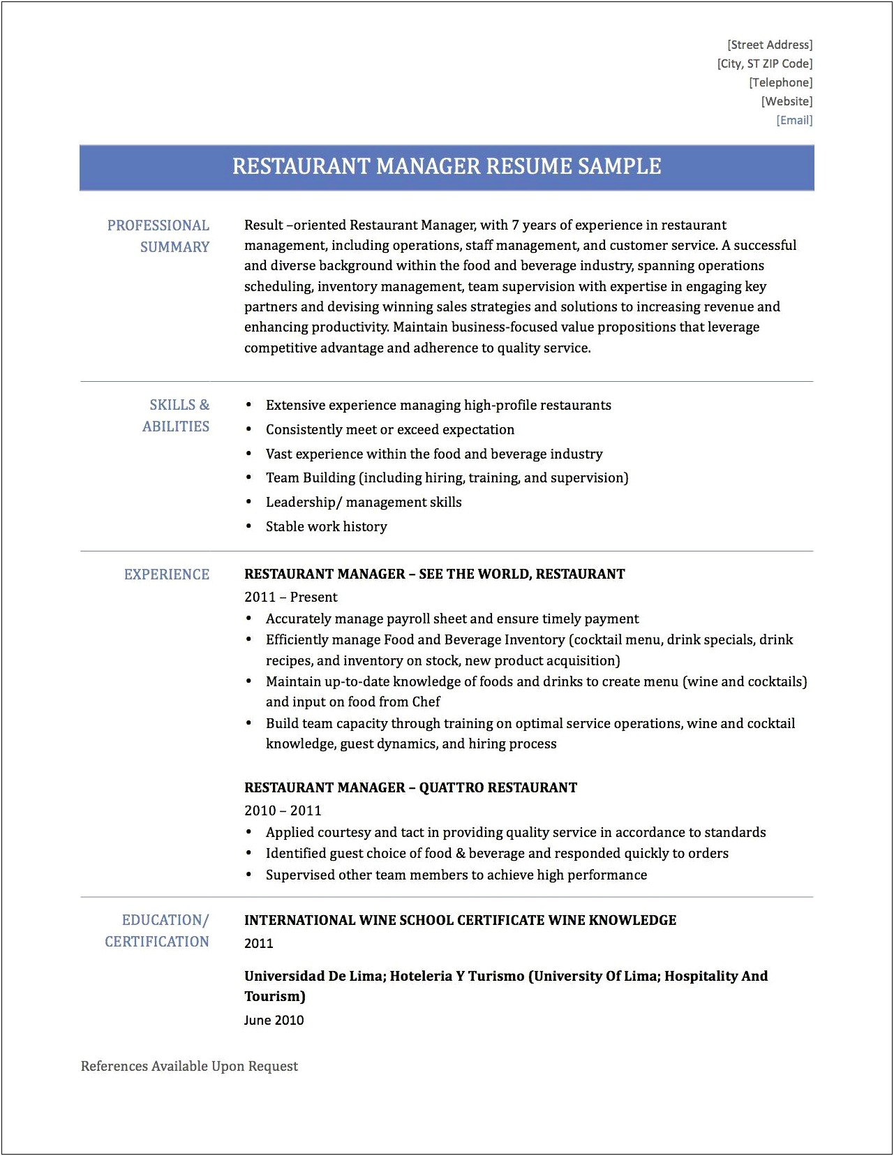 Examples Of Fast Food Manager Resumes