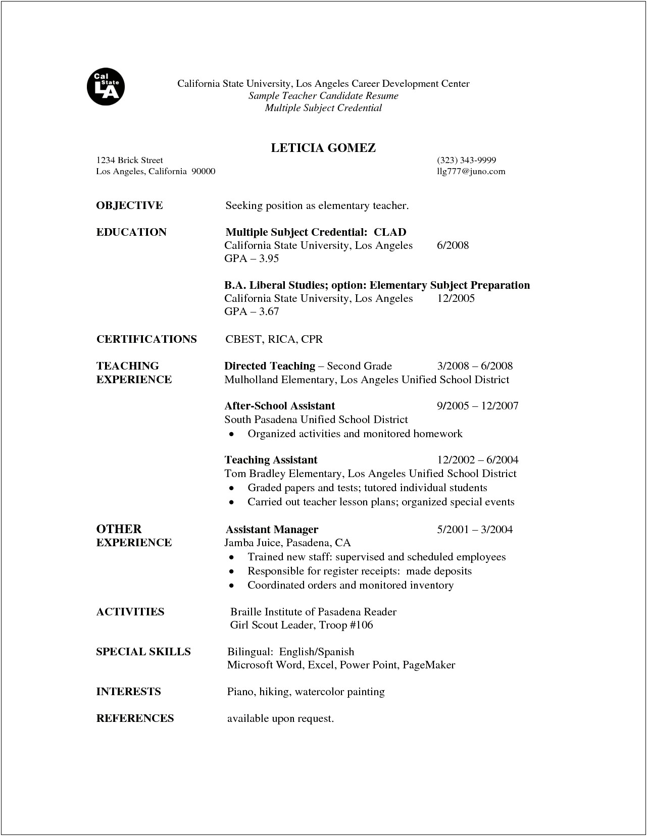 Examples Of First Year Job Resumes