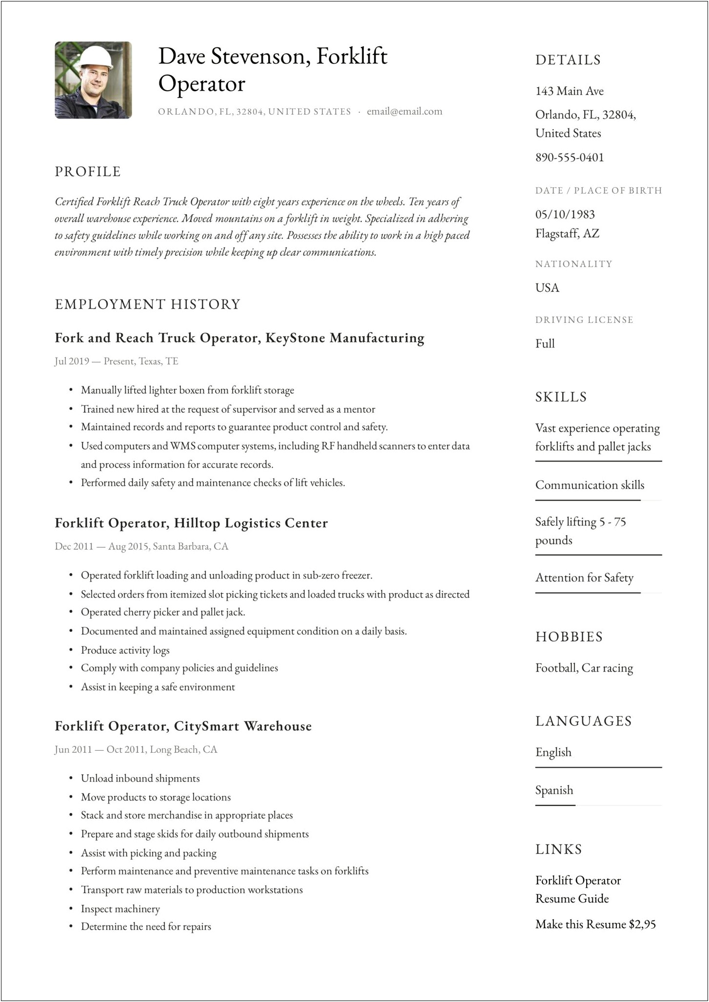 Examples Of Forklift Operator Functional Resume