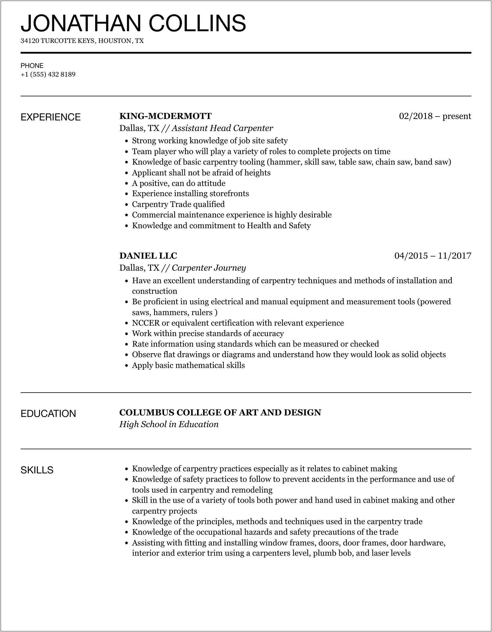 Examples Of Functional Lead Carpenter Resume