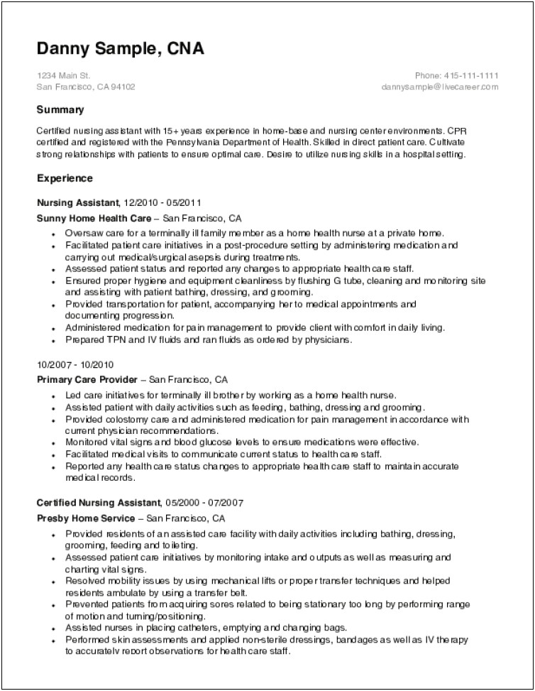 Examples Of Good Resumes For Cnas