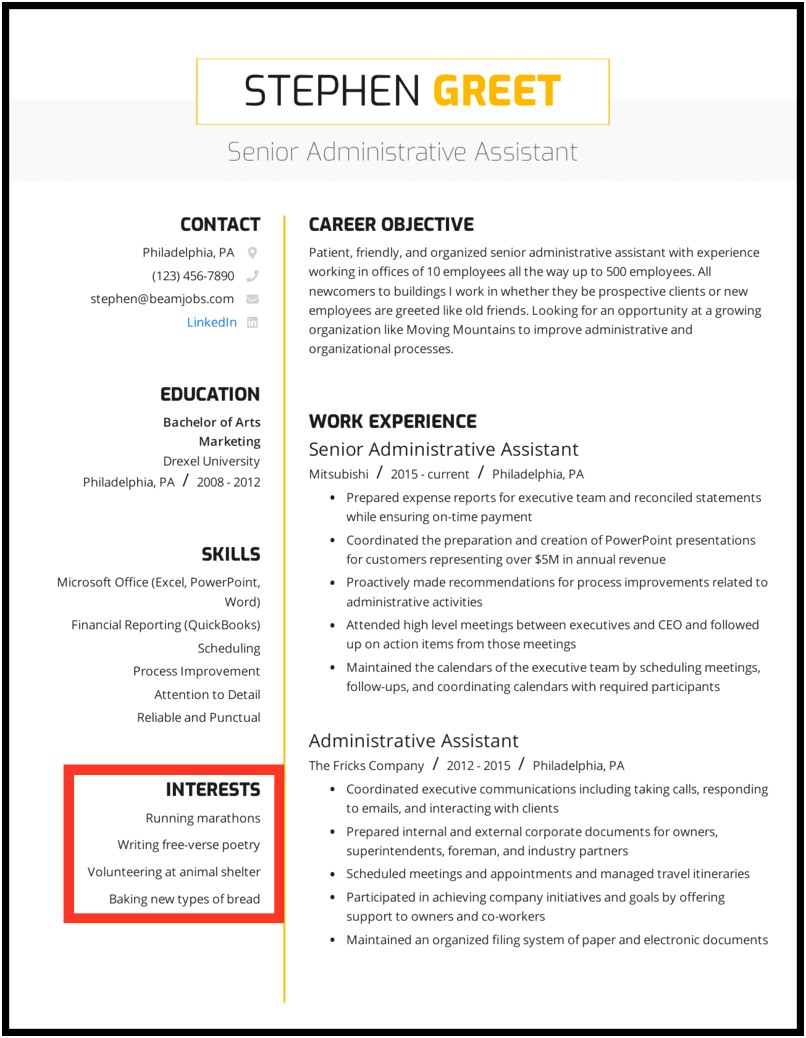 Examples Of Interests To Put On A Resume