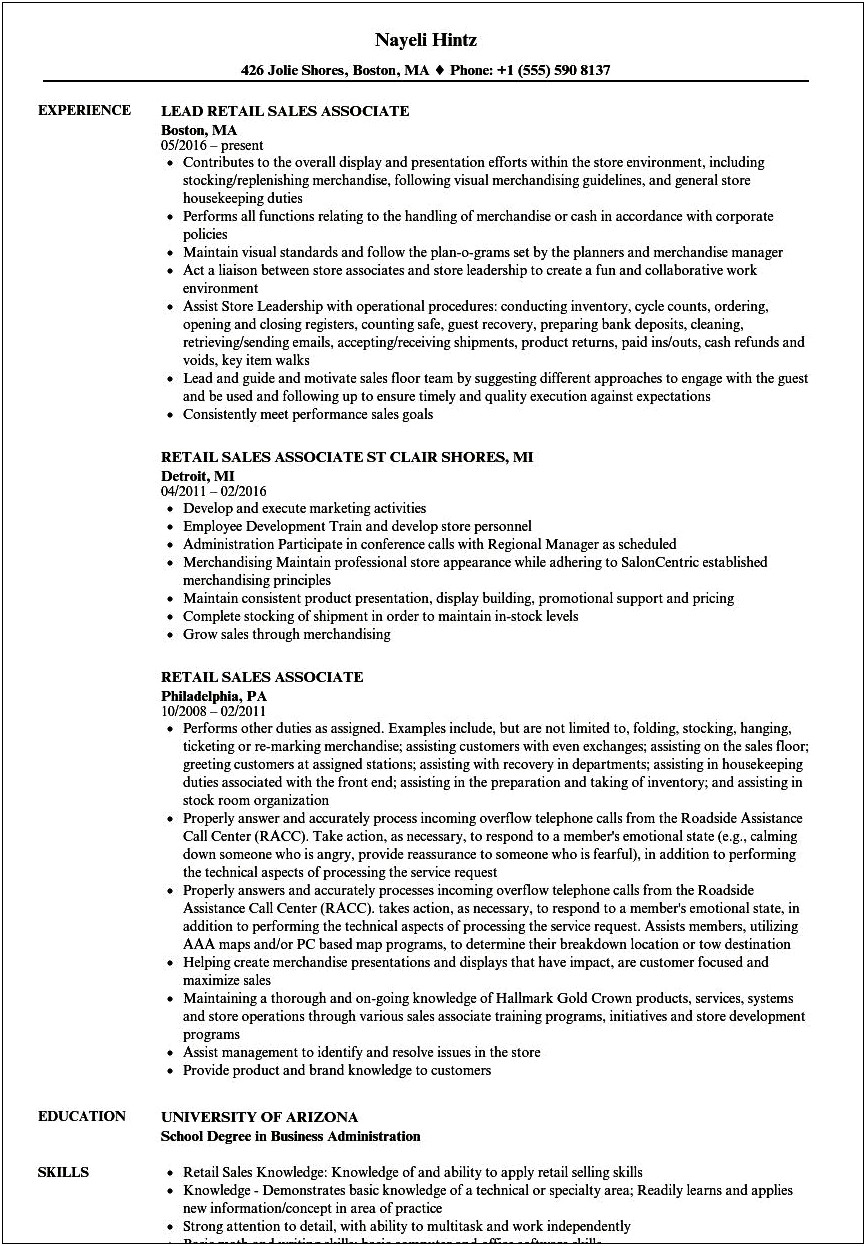 Examples Of Jewelry Assistant Manager Resumes