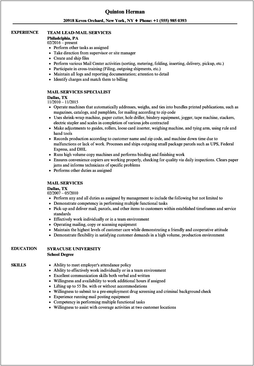 Examples Of Mail Carrier Description Resume